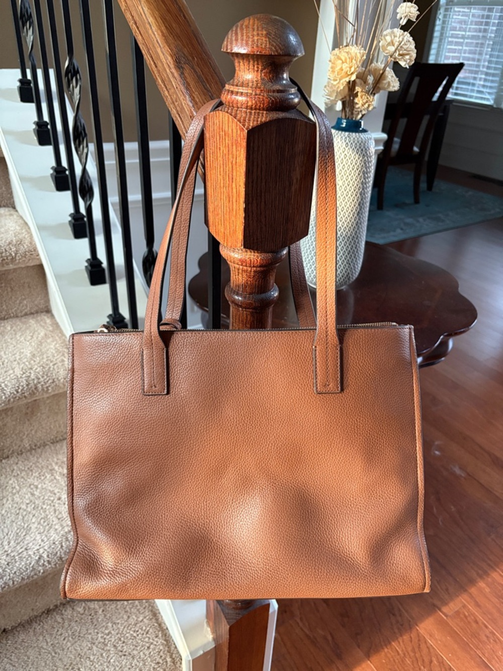 Tory Burch Chestnut Brown Pebbled Leather Tote with Tassel - Picture 4 of 10